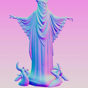 May include: A digital 3D model of a standing figure with horns, wearing a long, flowing robe with ruffled sleeves and a draped head covering. The figure is surrounded by curved, root-like structures at the base, rendered in a vibrant blue and pink gradient.