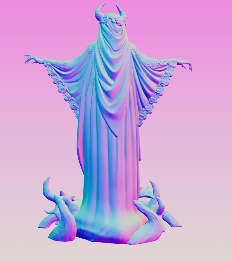 May include: A digital 3D model of a standing figure with horns, wearing a long, flowing robe with ruffled sleeves and a draped head covering. The figure is surrounded by curved, root-like structures at the base, rendered in a vibrant blue and pink gradient.