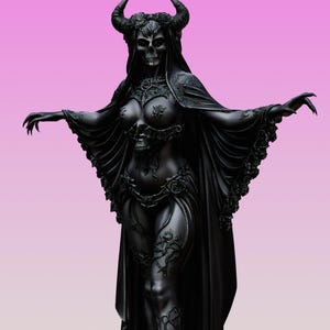 May include: A black figurine of a horned skeletal figure with a skull-adorned bodice, wearing a flowing cape with intricate rose detailing. The figure has outstretched arms, claw-like hands, and a skeletal face, standing against a pink background.