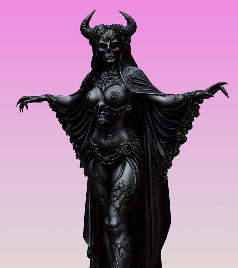 May include: A black figurine of a horned skeletal figure with a skull-adorned bodice, wearing a flowing cape with intricate rose detailing. The figure has outstretched arms, claw-like hands, and a skeletal face, standing against a pink background.