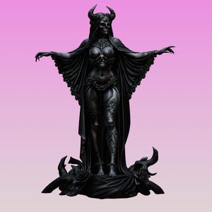 May include: A matte black figurine of a horned skeletal figure with a skull-adorned chest piece, wearing a flowing cape with rose details. The figure stands on a base decorated with sculpted roses and vines, featuring an outstretched arm pose.