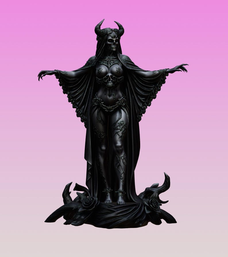 May include: A matte black figurine of a horned skeletal figure with a skull-adorned chest piece, wearing a flowing cape with rose details. The figure stands on a base decorated with sculpted roses and vines, featuring an outstretched arm pose.