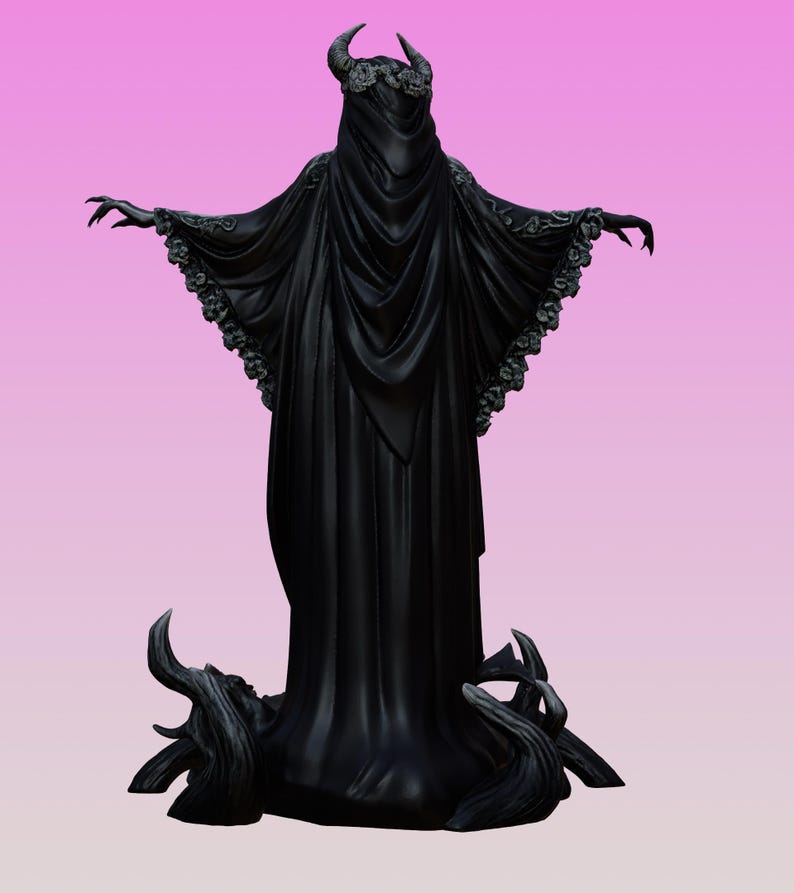 May include: A black figurine of a cloaked entity with horns and a floral crown, wearing a long, flowing robe with wide sleeves featuring intricate floral trim. The figure stands with arms outstretched, surrounded by dark, twisted root-like structures.