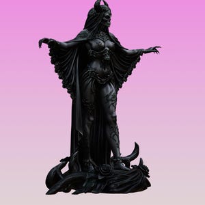 May include: A matte black figurine of a horned, skull-faced entity wearing a flowing cape with ruffled edges and intricate floral details. The figure stands on a base decorated with sculpted roses and vines, with arms outstretched and claw-like fingers.