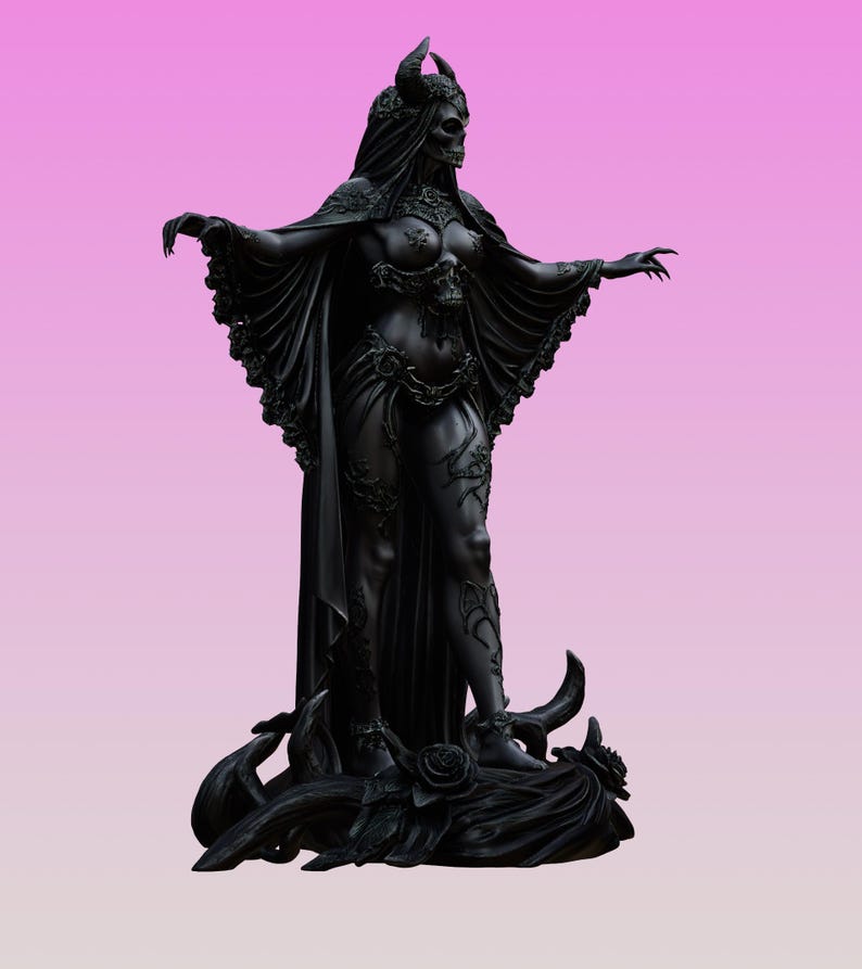 May include: A matte black figurine of a horned, skull-faced entity wearing a flowing cape with ruffled edges and intricate floral details. The figure stands on a base decorated with sculpted roses and vines, with arms outstretched and claw-like fingers.