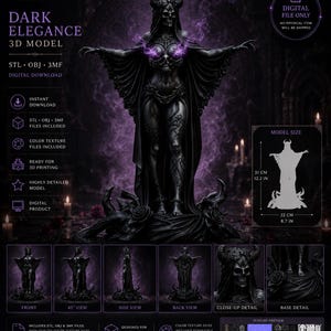 May include: A digital 3D model of a horned, skeletal figure in a dark gown with purple energy effects. The file includes STL, OBJ, and 3MF formats. A diagram shows the model dimensions as 12.2 inches in height and 8.7 inches in width.