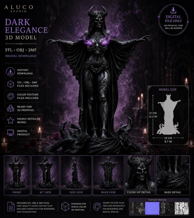 May include: A digital 3D model of a horned, skeletal figure in a dark gown with purple energy effects. The file includes STL, OBJ, and 3MF formats. A diagram shows the model dimensions as 12.2 inches in height and 8.7 inches in width.