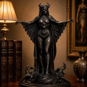 May include: A dark, metallic-toned statue of a horned, skeletal figure with outstretched arms, wearing a flowing cape and intricate vine-like adornments. The figure stands on a base decorated with sculpted roses and twisted, thorny branches.