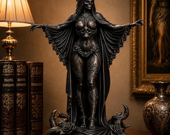 Könnte beinhalten: Eine dunkel metallisch wirkende Statue einer gehörnten, skelettartigen Figur mit ausgebreiteten Armen, die einen fließenden Umhang und rankenartige Verzierungen trägt. Die Figur steht auf einem Sockel mit skulptierten Rosen und Dornen.