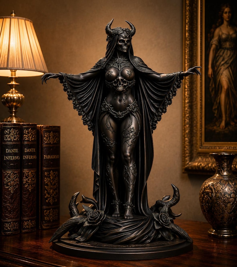 May include: A dark, metallic-toned statue of a horned, skeletal figure with outstretched arms, wearing a flowing cape and intricate vine-like adornments. The figure stands on a base decorated with sculpted roses and twisted, thorny branches.