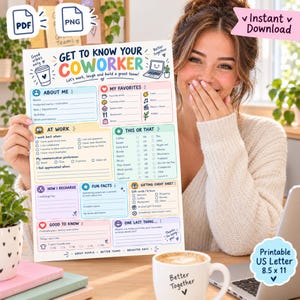 May include: A printable Get to Know Your Coworker questionnaire sheet on US Letter 8.5 x 11 inch paper. The document features colorful sections for personal favorites, work preferences, fun facts, and a gifting cheat sheet with icons and text.