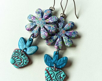 Polymer clay Millefiori earrings, Flower in pot