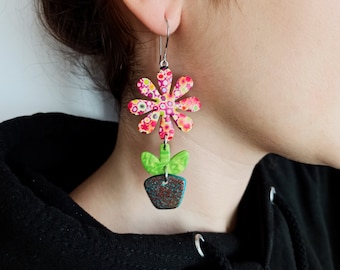 Polymer clay Millefiori earrings, Flower in pot