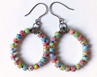 Pendientes, arcilla polimérica, pendientes aro, pendientes DIY, pendientes Boho, bisutería artesanal, gancho acero, joya contemporánea, DIY