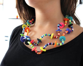 Original, colorful and funny polymer clay necklace, Happy Worms