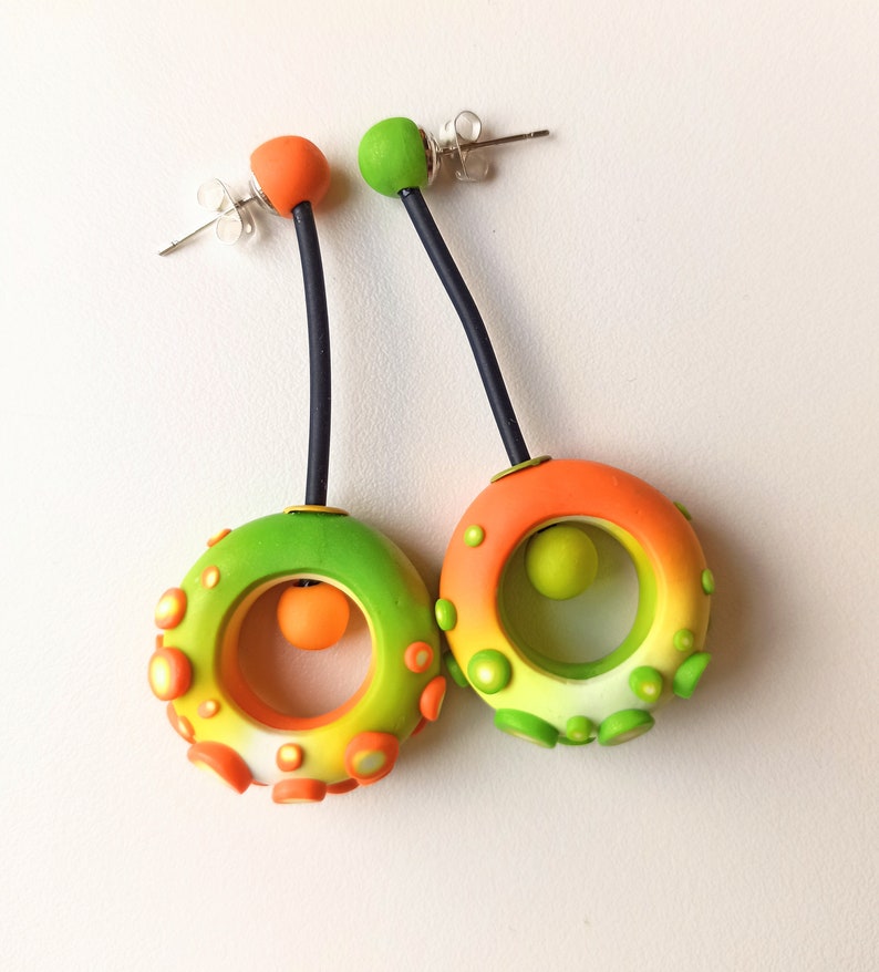 Colorful, original and funny Polymer Clay Earrings Green/Yellow/Orange