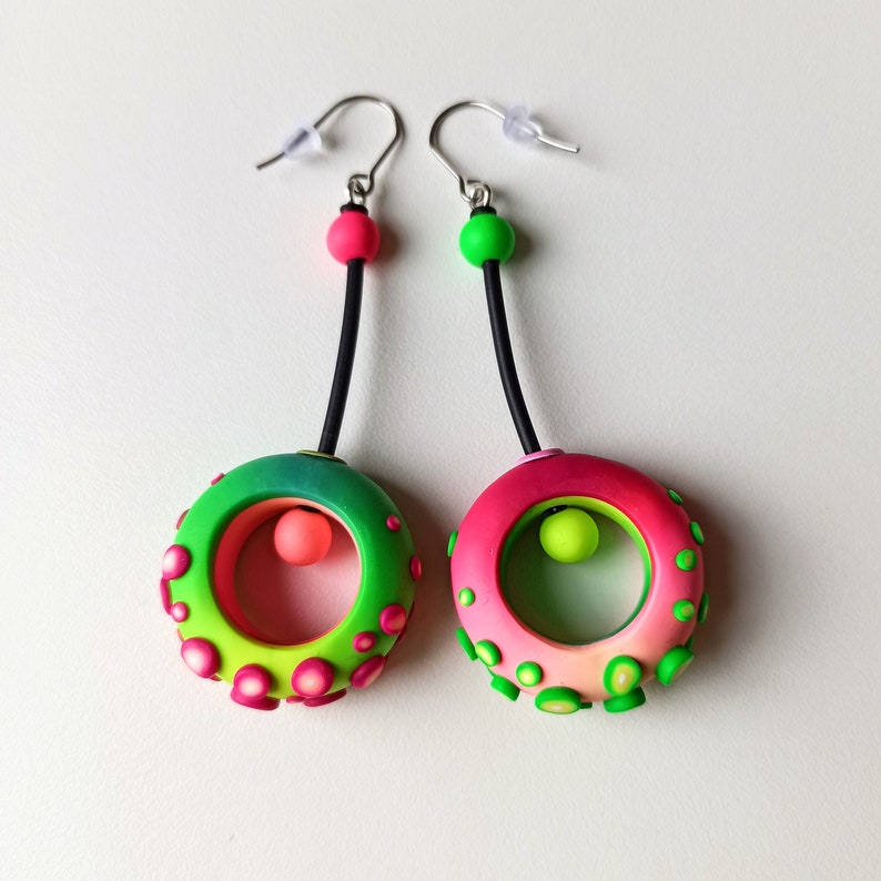 Colorful, original and funny Polymer Clay Earrings Green/Pink