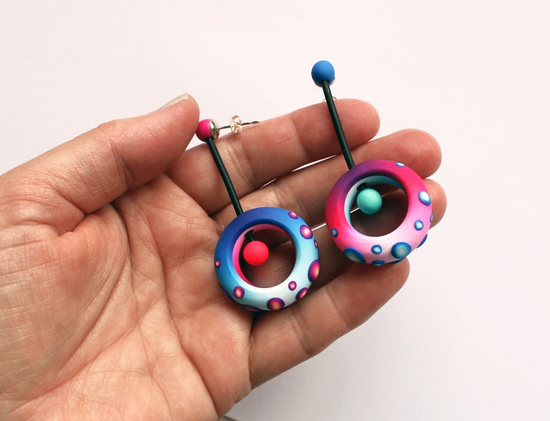 Colorful, original and funny Polymer Clay Earrings Blue/Pink