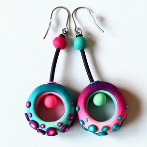 Colorful, original and funny Polymer Clay Earrings Turquoise/Fuchsia