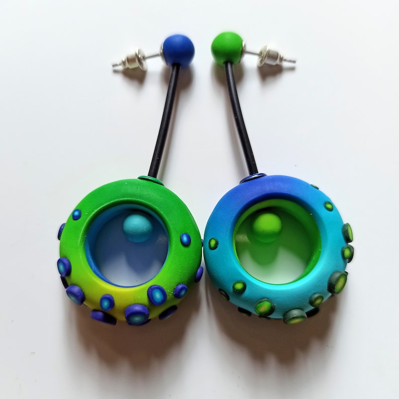 Boucles d'oreilles, pâte polymère, Fimo, bijou polymère, boucles d'oreilles colorées, bijoux contemporains, boho, boucles d'oreilles longues Blue/Green