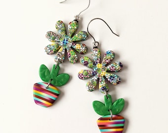 Polymer clay Millefiori earrings, flower in pot