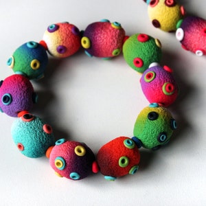 May include: A colorful necklace featuring spherical beads in a variety of hues, including red, yellow, green, and blue. Each bead has contrasting circular accents. The necklace is arranged in a circular shape against a white background.