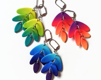 Polymer Clay earrings, three gradated leaves