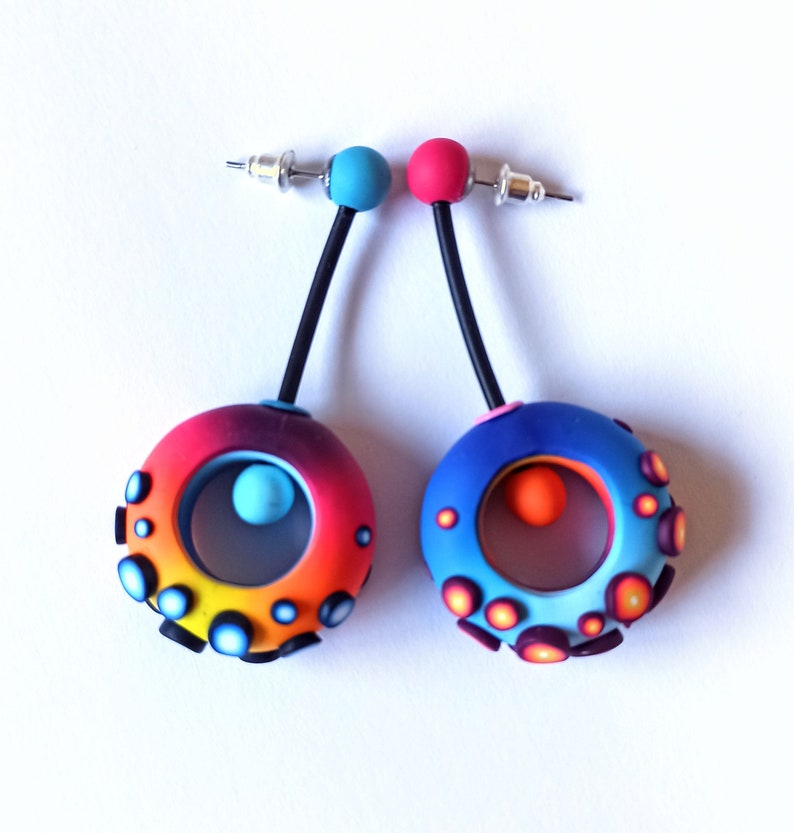 Boucles d'oreilles, pâte polymère, Fimo, bijou polymère, boucles d'oreilles colorées, bijoux contemporains, boho, boucles d'oreilles longues Blue/Sunset