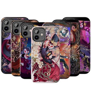May include: A collection of phone cases featuring colorful illustrations of characters in a stained-glass style. The cases showcase a variety of designs with vibrant colors, intricate details, and bold outlines. The cases are designed to fit a smartphone.