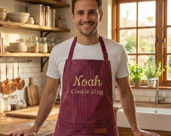 Grembiule da uomo per grigliate, regalo personalizzato per papà, grembiule da barbecue personalizzato, grembiule da chef a righe resistente, regalo di compleanno per la festa del papà per lui