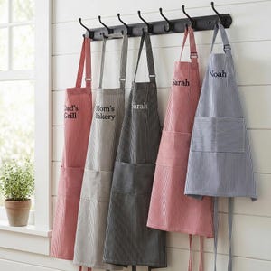 Personalized Apron for Women Men, Custom Name Embroidered Chef Apron, Striped Kitchen Apron with Pockets, Cooking Gift for Her Him