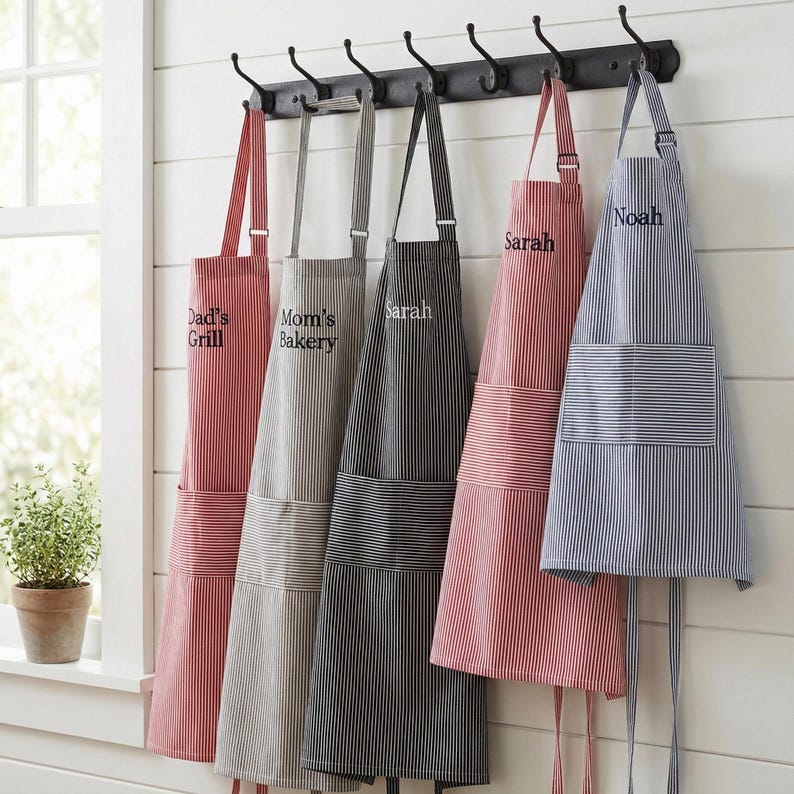 May include: Five striped aprons in red, gray, charcoal, and blue hanging on a black wall-mounted rack with hooks. Each apron features a front pocket and embroidered text including Dad's Grill, Mom's Bakery, Sarah, and Noah in various fonts.