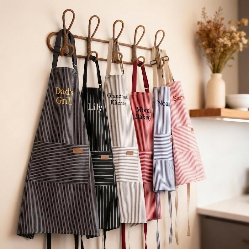 May include: Six striped aprons hanging on a wooden wall rack. The aprons feature various colors including charcoal, black, beige, red, blue, and pink, each with a front pocket and personalized embroidery such as Dad's Grill, Lily, Grandma's Kitchen, Mom's Bakery, Noah, and Sara.