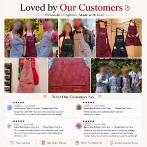 May include: A collection of personalized aprons in various colors including red, blue, grey, and black, featuring embroidered names and dates. The aprons have front pockets with leather-like labels and are displayed in multiple settings with customer reviews.