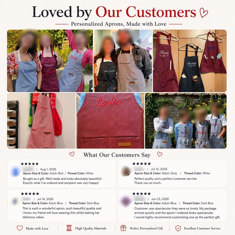 May include: A collection of personalized aprons in various colors including red, blue, grey, and black, featuring embroidered names and dates. The aprons have front pockets with leather-like labels and are displayed in multiple settings with customer reviews.