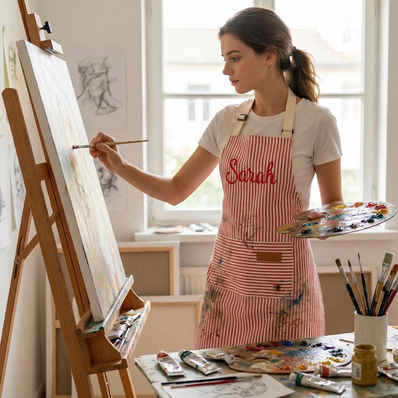 May include: A red and white striped apron featuring the name Sarah embroidered in red script on the chest. The apron includes a front pocket and adjustable straps, worn over a white t-shirt while painting on a wooden easel with a palette.