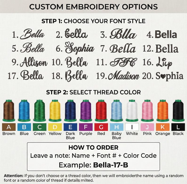 May include: A custom embroidery options chart displaying twenty numbered font styles and twelve colored thread spools labeled A through L. The text includes instructions for ordering, font names like Bella and Sophia, and color names from brown to black.