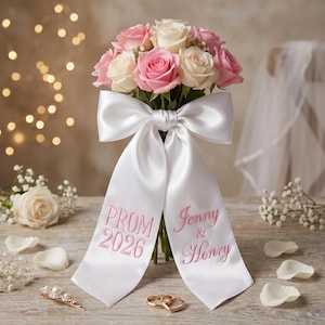 Personalized Prom Bouquet Sash 2026 | Custom Embroidered Flower Ribbon Bow | Monogrammed Floral Wrap & Corsage Keepsake