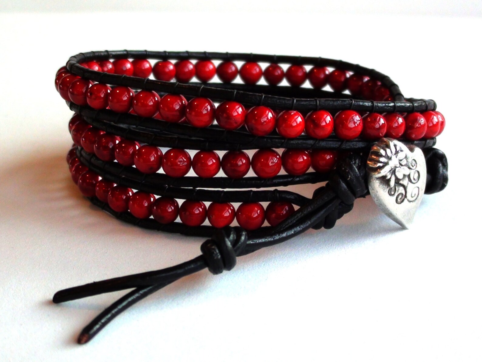 Red Leather Wrap Bracelet With Heart II Etsy