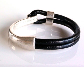 Black Double Strand Half Cuff  Leather Bracelet