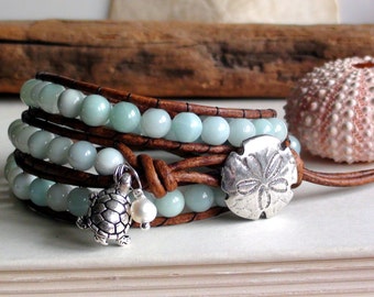 Sea Blue Green Amazonite Leather Wrap Bracelet with turtle and pearl