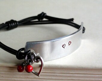 Loved, Secret Message Hand Stamped Silver ID Bracelet Leather Bracelet Red Gemstone and Heart Charms