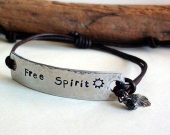 Free Spirit - Hand Stamped Silver ID Bracelet Leather Bracelet African Turquoise and Sterling Silver Leaf Charm