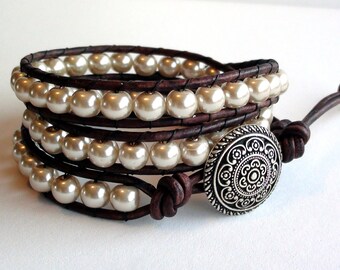 Purity II - Cream Pearl Triple Wrap Leather Bracelet