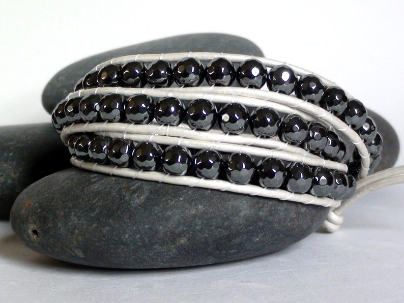 Grey Hematite White Leather Wrap Bracelet Etsy