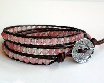 Cherry Quartz Glass Triple Wrap Leather Bracelet