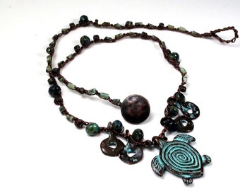 African Turquoise and Copper Turtle Crochet Pendant Necklace