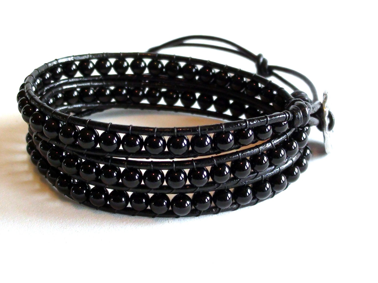 Basic Black Triple Wrap Black Obsidian Leather Wrap Bracelet - Etsy