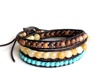 Triple Wrap Golden Sun Multicolor Leather Wrap Bracelet