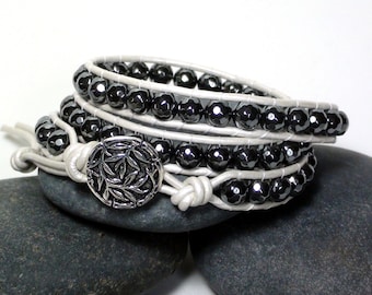 Grey Hematite White Leather Wrap Bracelet